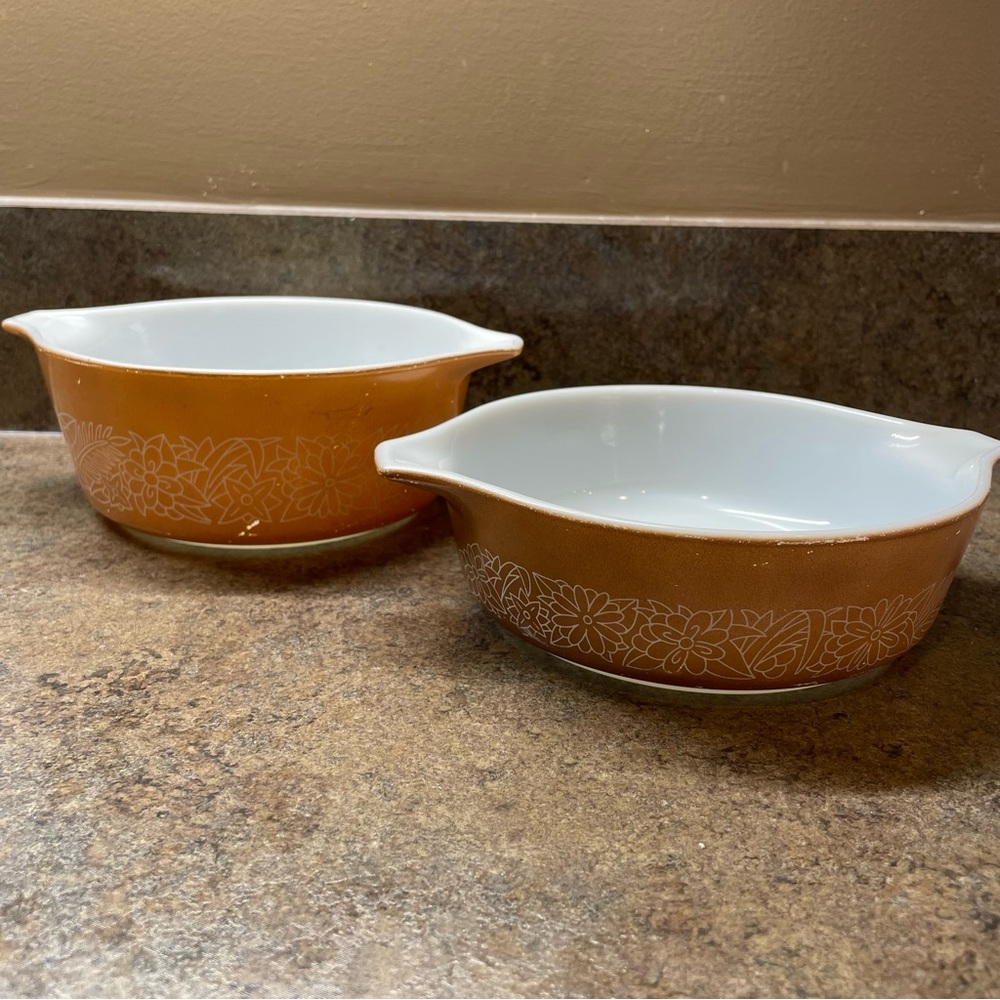 Vintage 1970s Pyrex Brown Woodland Casserole 471-B 472-B Handled Baking Dishes